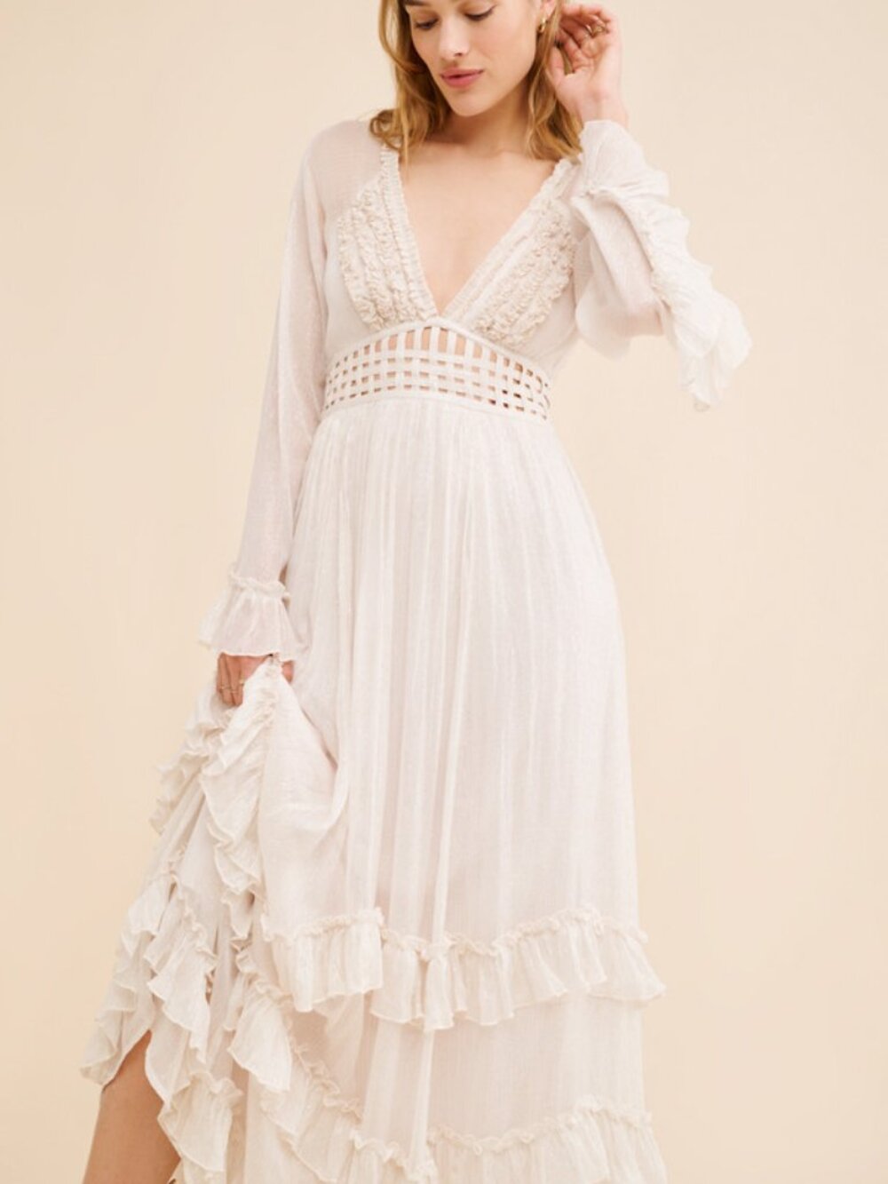 Free People Cream Gold Metallic Thread Ruffle Flowing Seraphina Maxi Dress NEW
